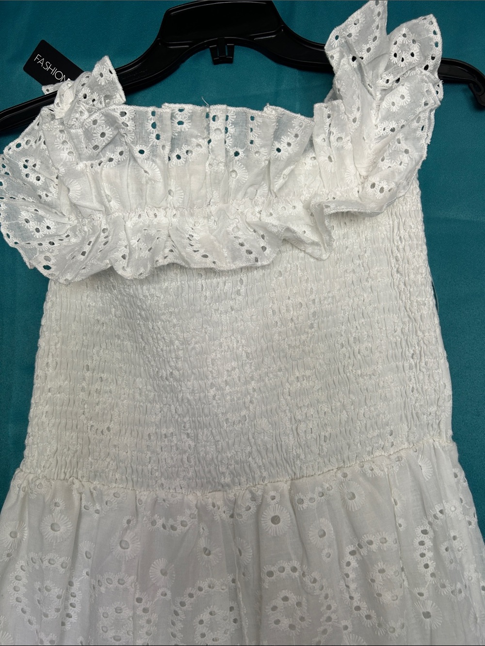 Fashion Nova White Eyelet Cold-Shoulder Wide-Leg Jumpsuit Ptp 16” - Picture 6 of 7